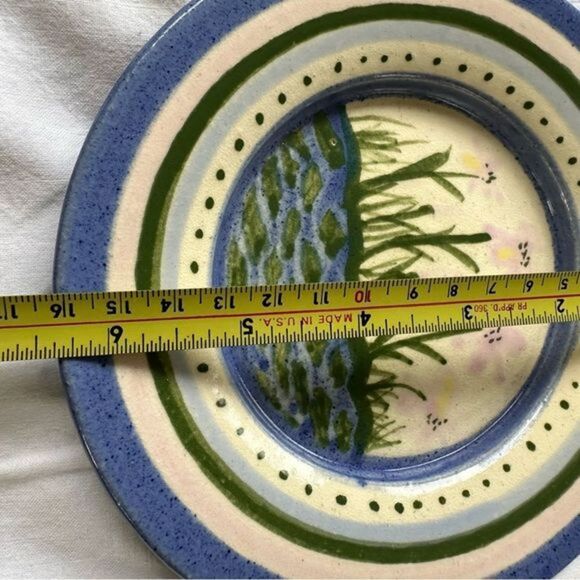 Agape Pottery Plate Hand Painted Small Plate Signed 6.5” Blue Yellow Nature - Picture 3 of 4